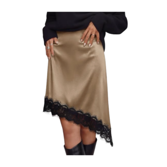 asymmetrical satin skirt with black lace hem