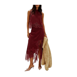 two piece satin top and skirt with lace trim