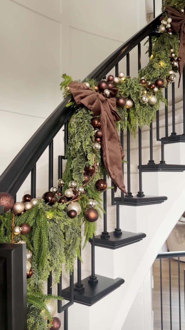 staircase decorated for Christmas